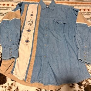 Blue and Tan Western Shirt with Embroidery